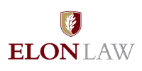 Elon Law logo featuring a red and gold shield with a leaf emblem above the words "ELON LAW" in red and gray text.
