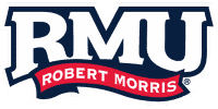 Logo featuring large white letters "RMU" outlined in blue and red, with a red banner below displaying "Robert Morris" in white text.