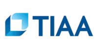 TIAA logo featuring a geometric blue icon to the left of the blue capital letters "TIAA" on a transparent background.