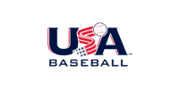 USA Baseball logo featuring the letters "USA" in blue, a white baseball above the "A," and a red map of the United States in the background. The word "BASEBALL" is below in blue.
